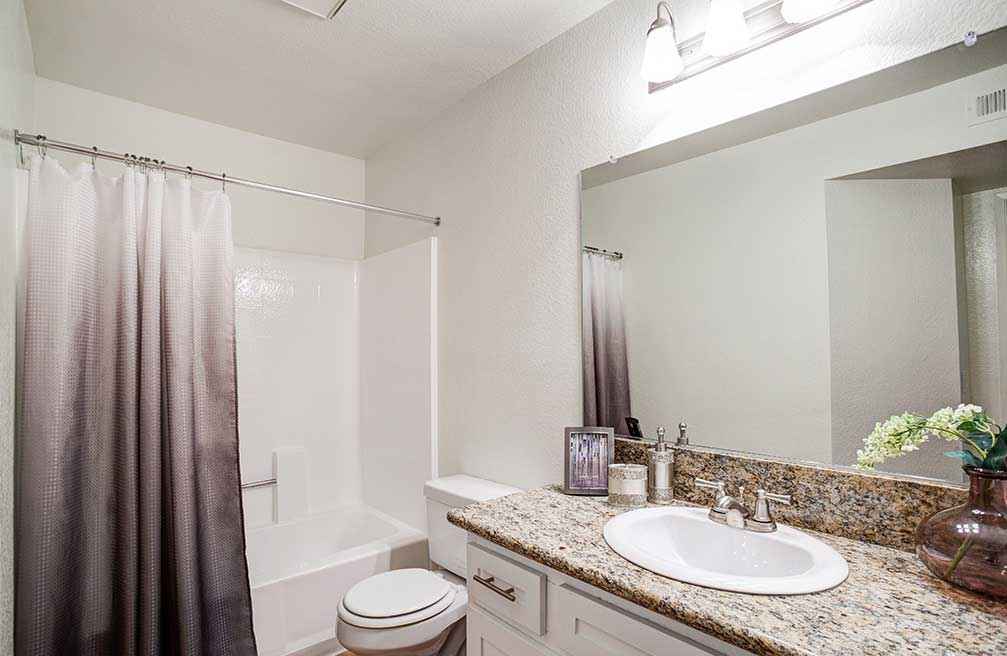 bathroom sink with mirror shower tub at Waterstone